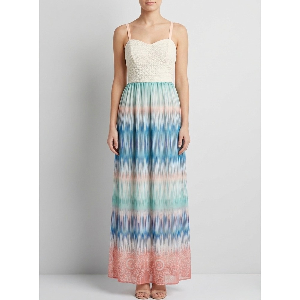 Lily Rose Maxi Dress Juniors XS White Blue Pink Geometric Crochet Smocked Boho
